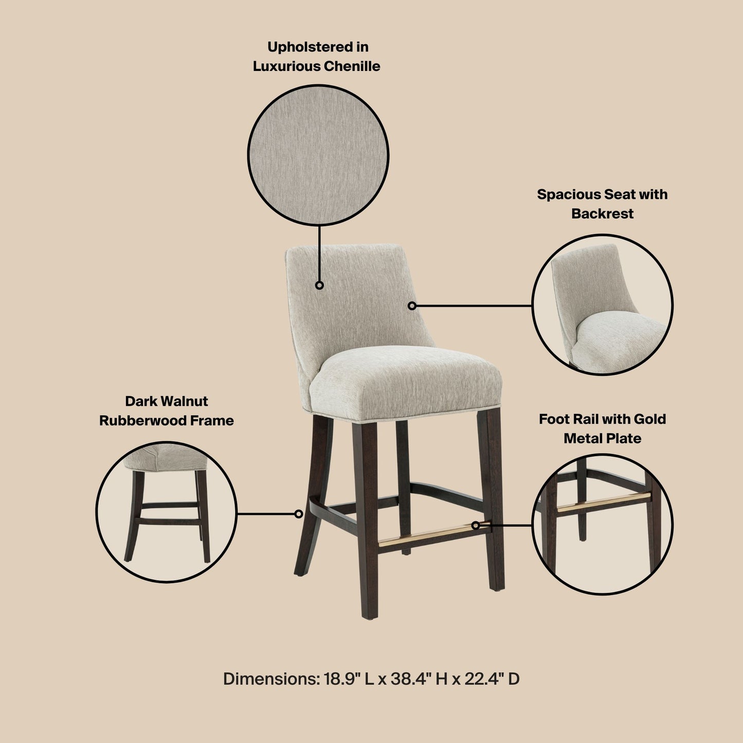 Taupe Rubber Wood Counter Stool with Backrest for Living Room