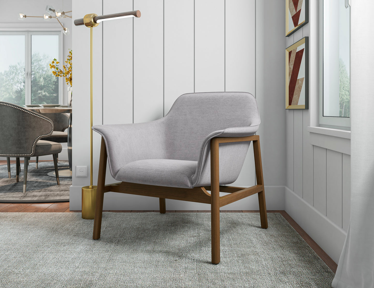Grey Linen Accent Armchair - Mid-Century Modern Style for Living Room