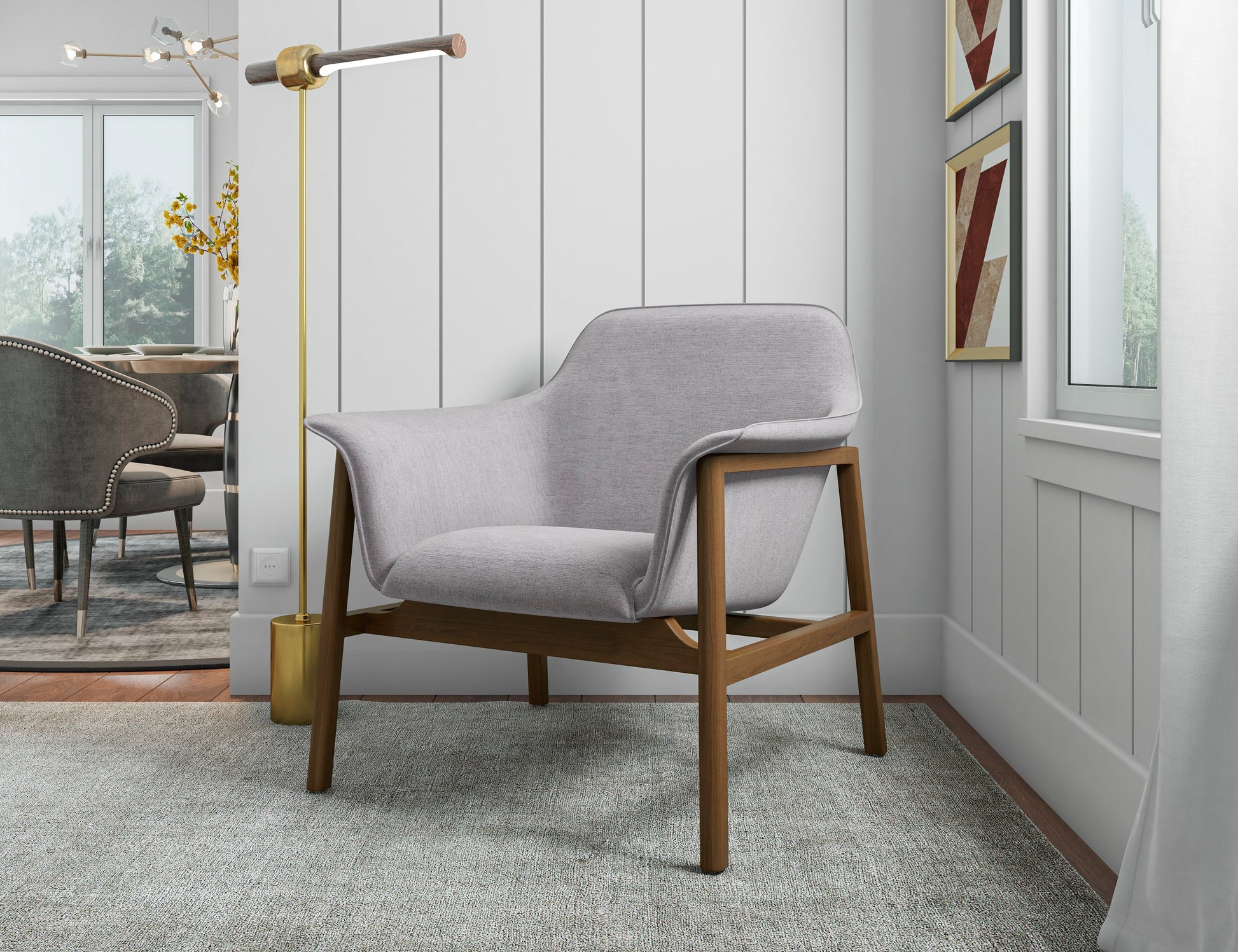 Grey Linen Accent Armchair - Mid-Century Modern Style for Living Room