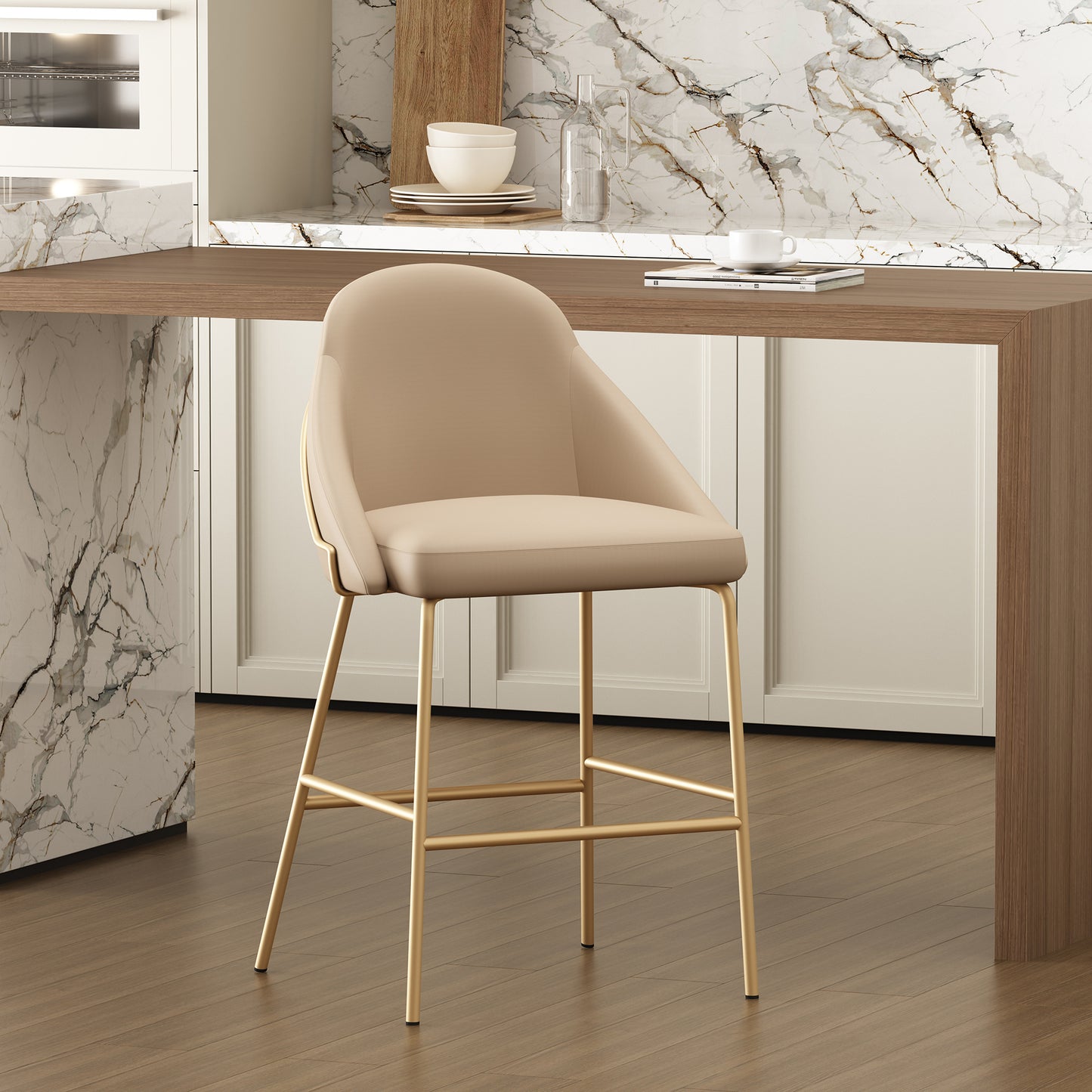 Tan & Gold Steel Counter Stool with Backseat - 22" for Living Room