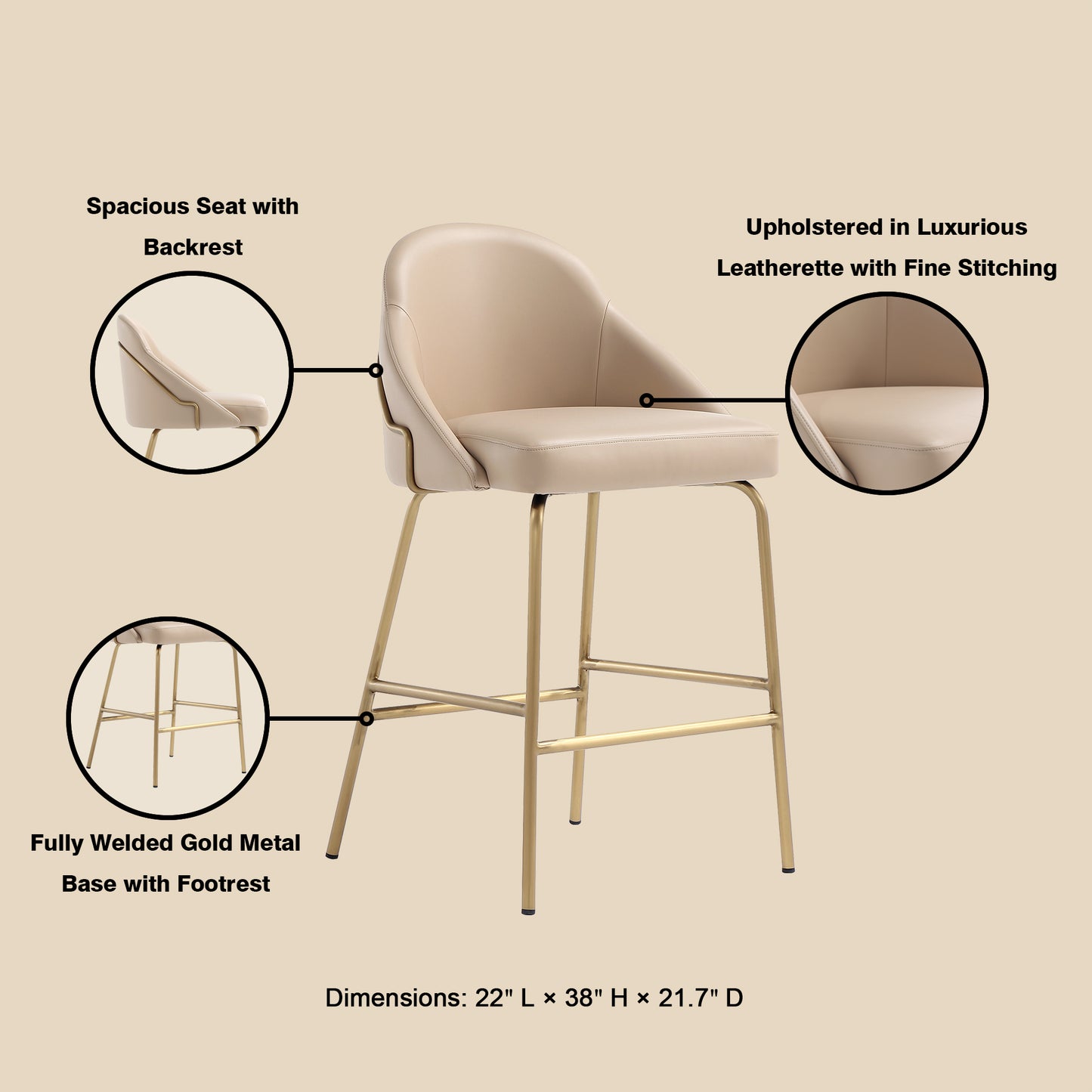 Tan & Gold Steel Counter Stool with Backseat - 22" for Living Room