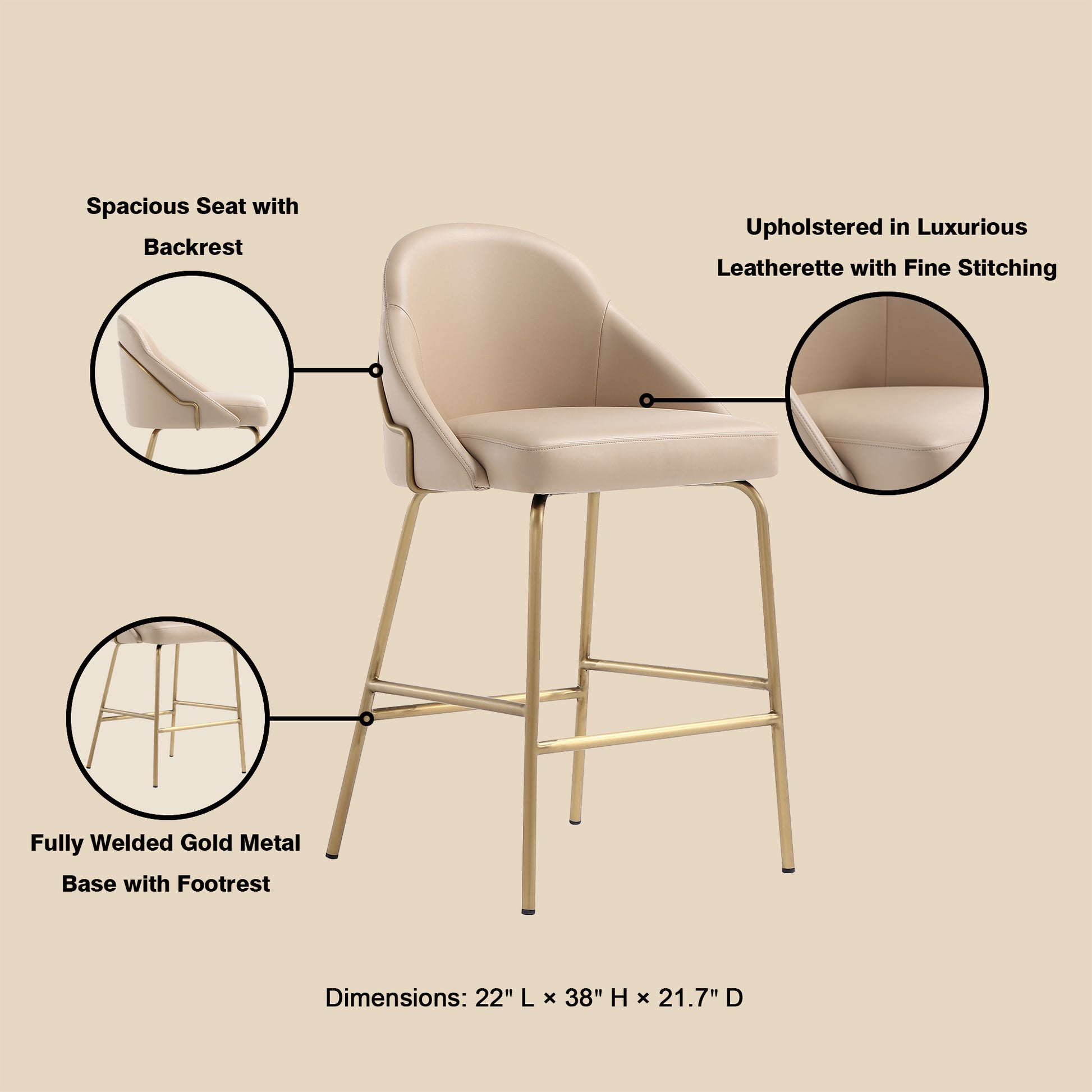 Tan & Gold Steel Counter Stool with Backseat - 22" for Living Room