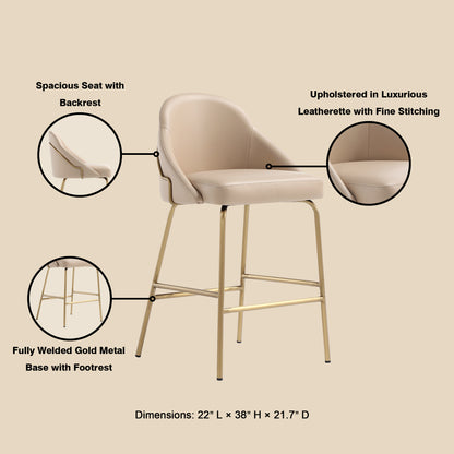Tan & Gold Steel Counter Stool with Backseat - 22" for Living Room