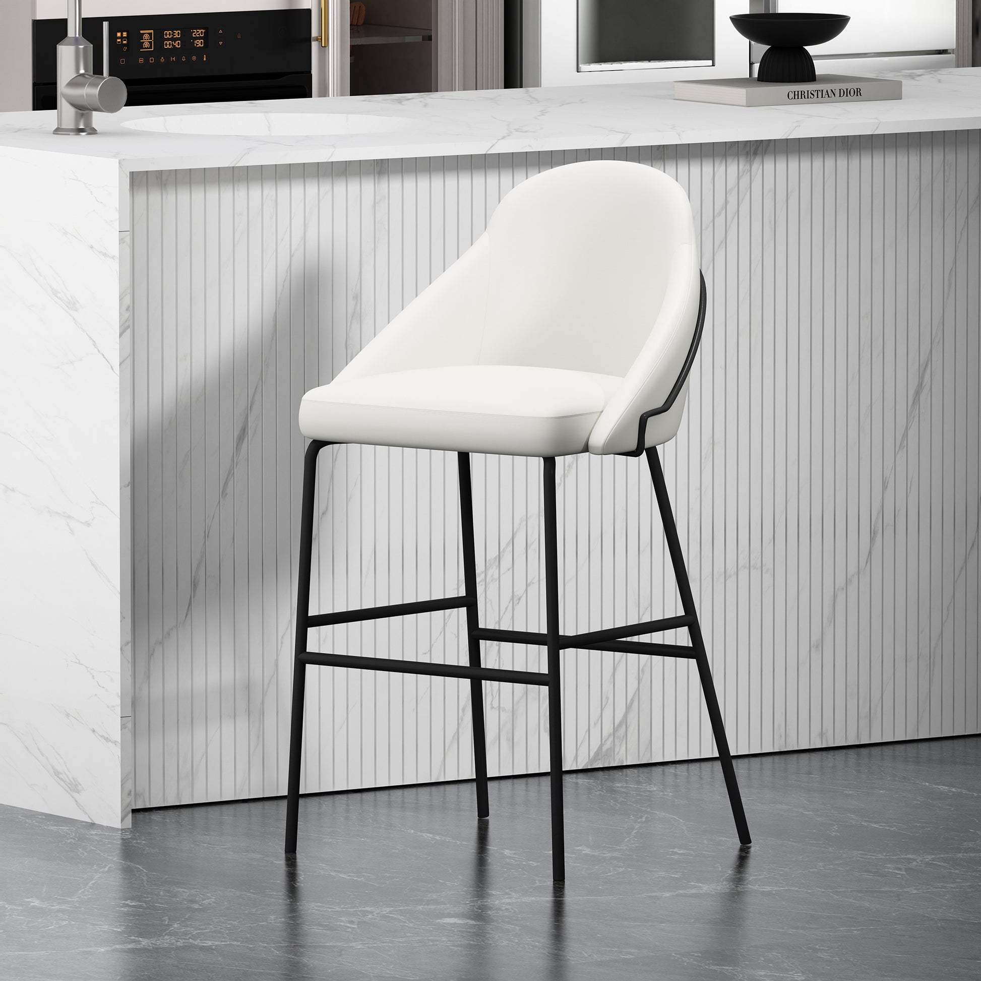 Modern Stainless Steel Barstool in White Black Leatherette for Living Room