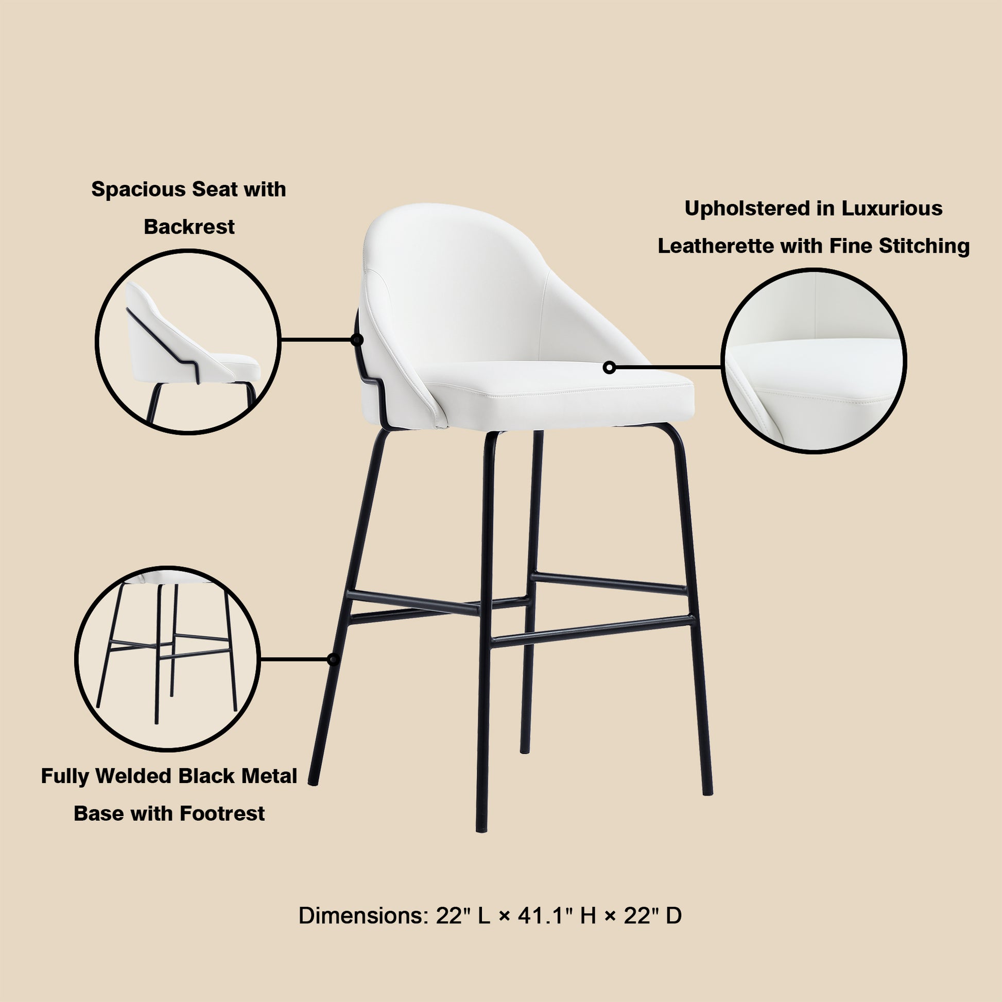 Modern Stainless Steel Barstool in White Black Leatherette for Living Room