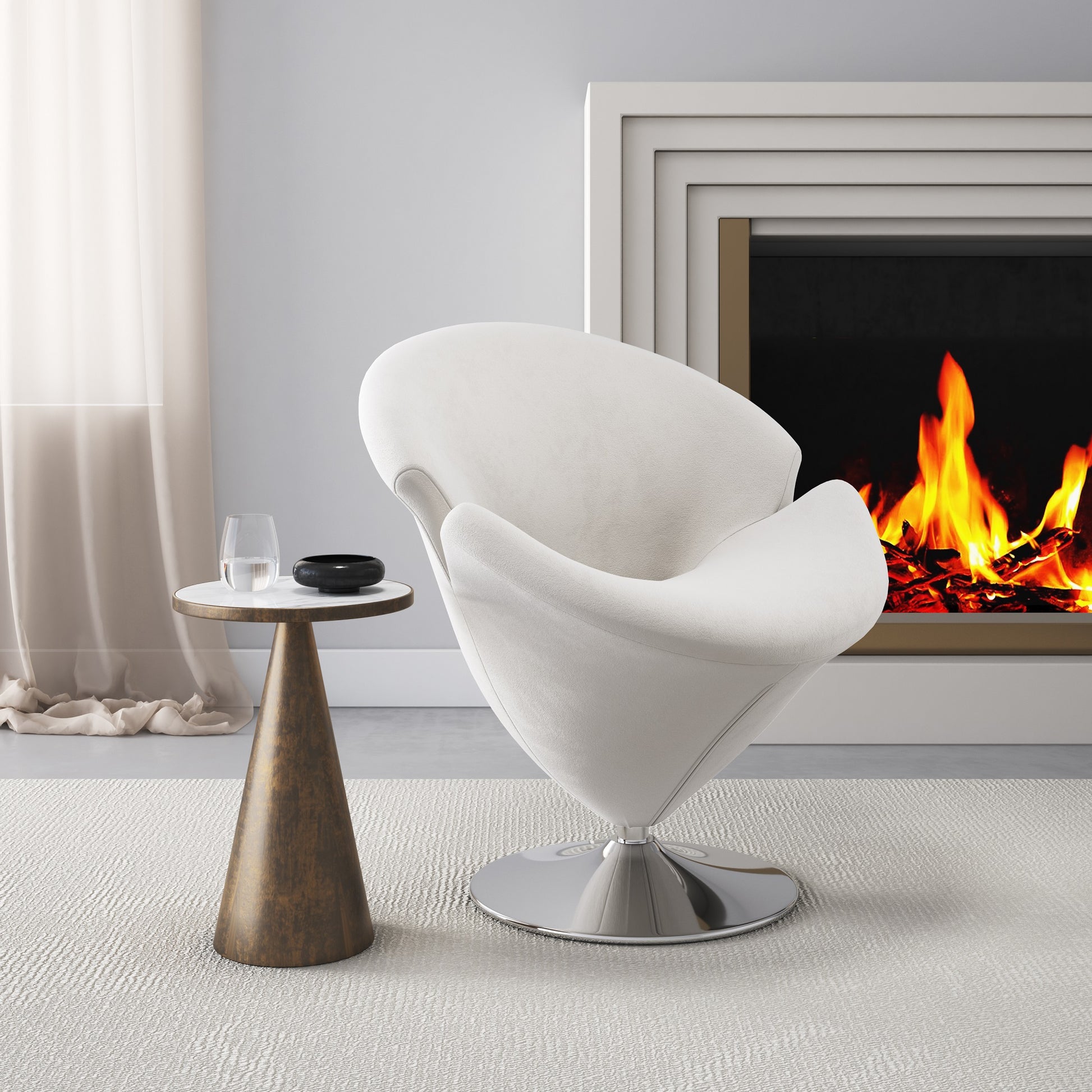 White Swivel Lounge Chair - Metal & Velvet for Living Room