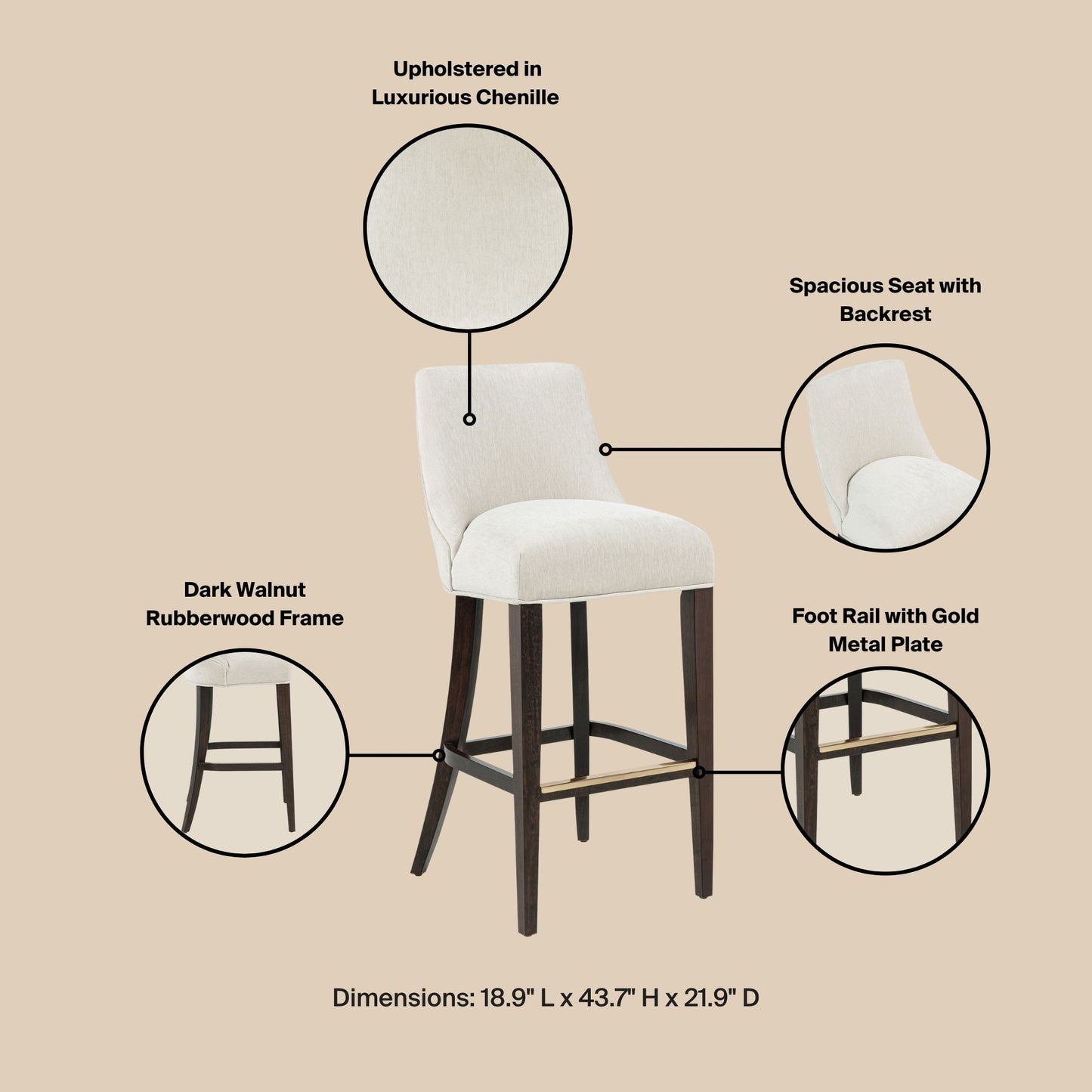 Cream Rubber Wood Barstool with Backrest - Kitchen Seating