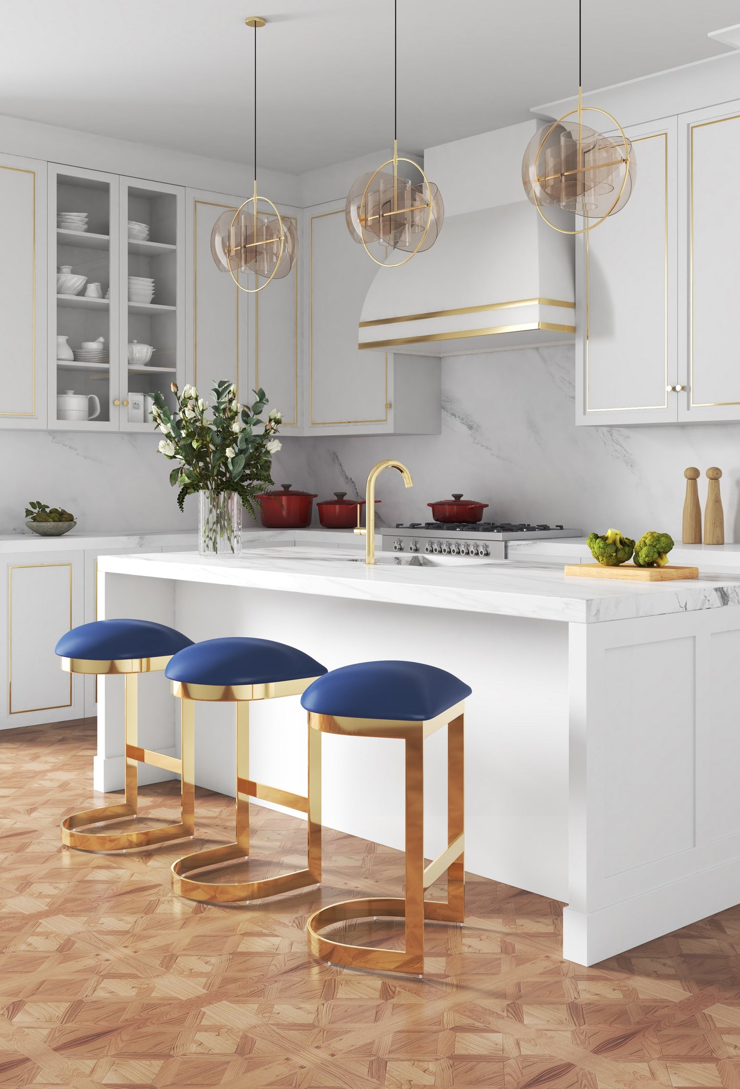 Blue Faux Leather Barstool with Footrest - Modern Metal Base