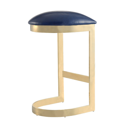 Blue Faux Leather Barstool with Footrest - Modern Metal Base