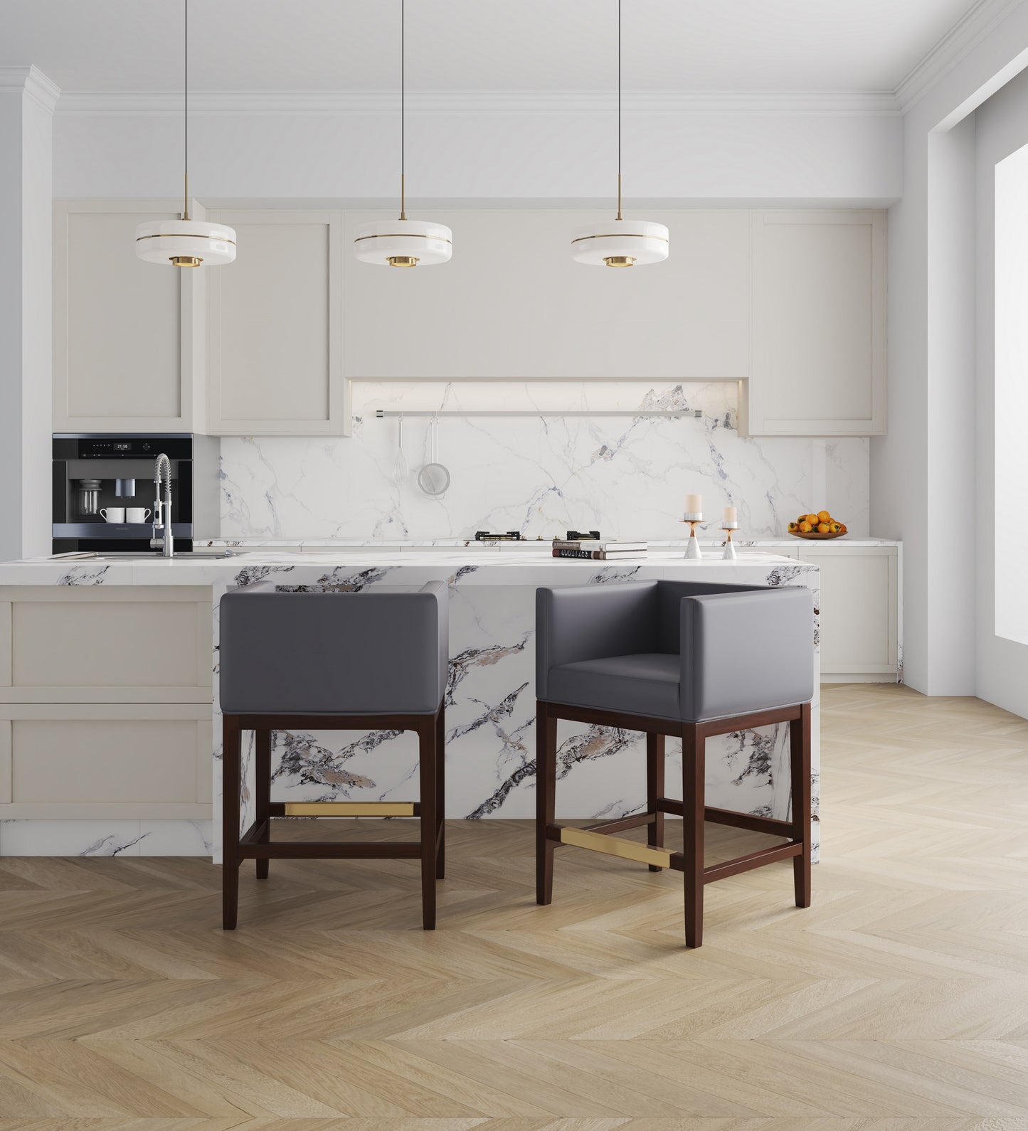 Grey Wood Counter Stool with Leather Backseat for Living Room