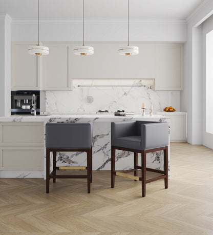 Grey Wood Counter Stool with Leather Backseat for Living Room