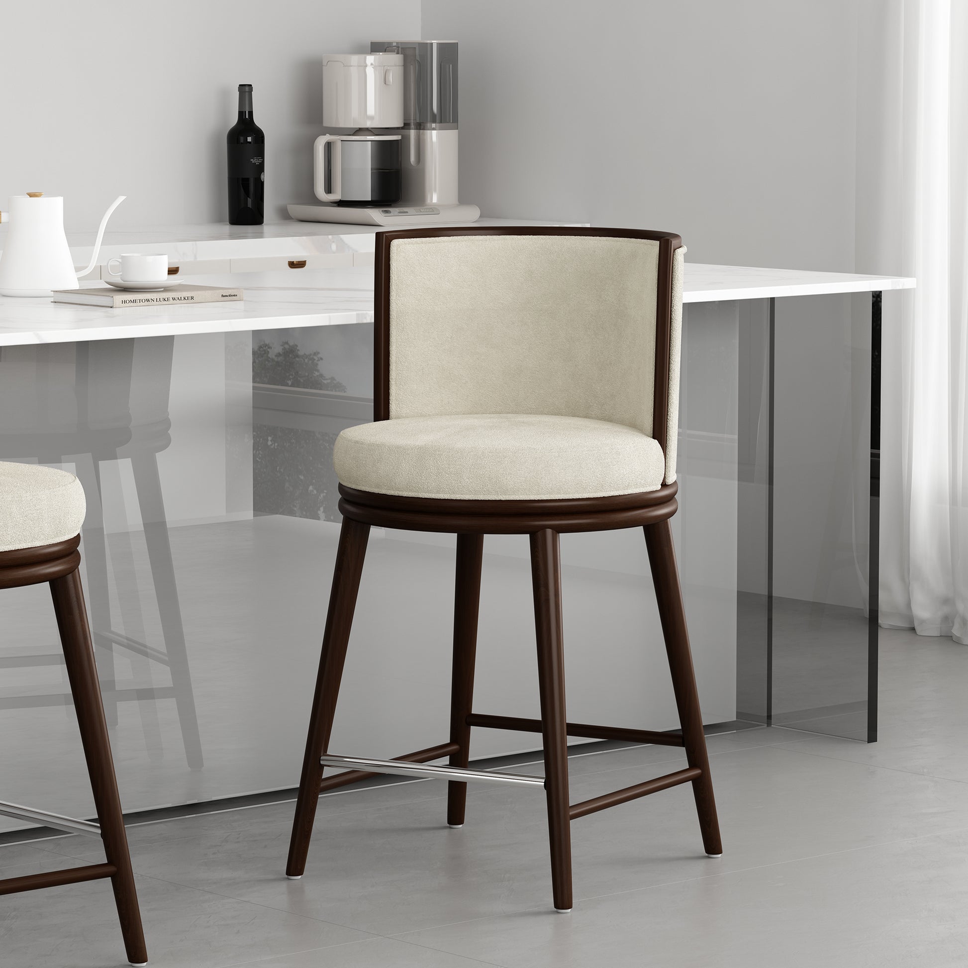Cream Wood Counter Stool with Backrest - Kitchen Accent Chair for Living Room