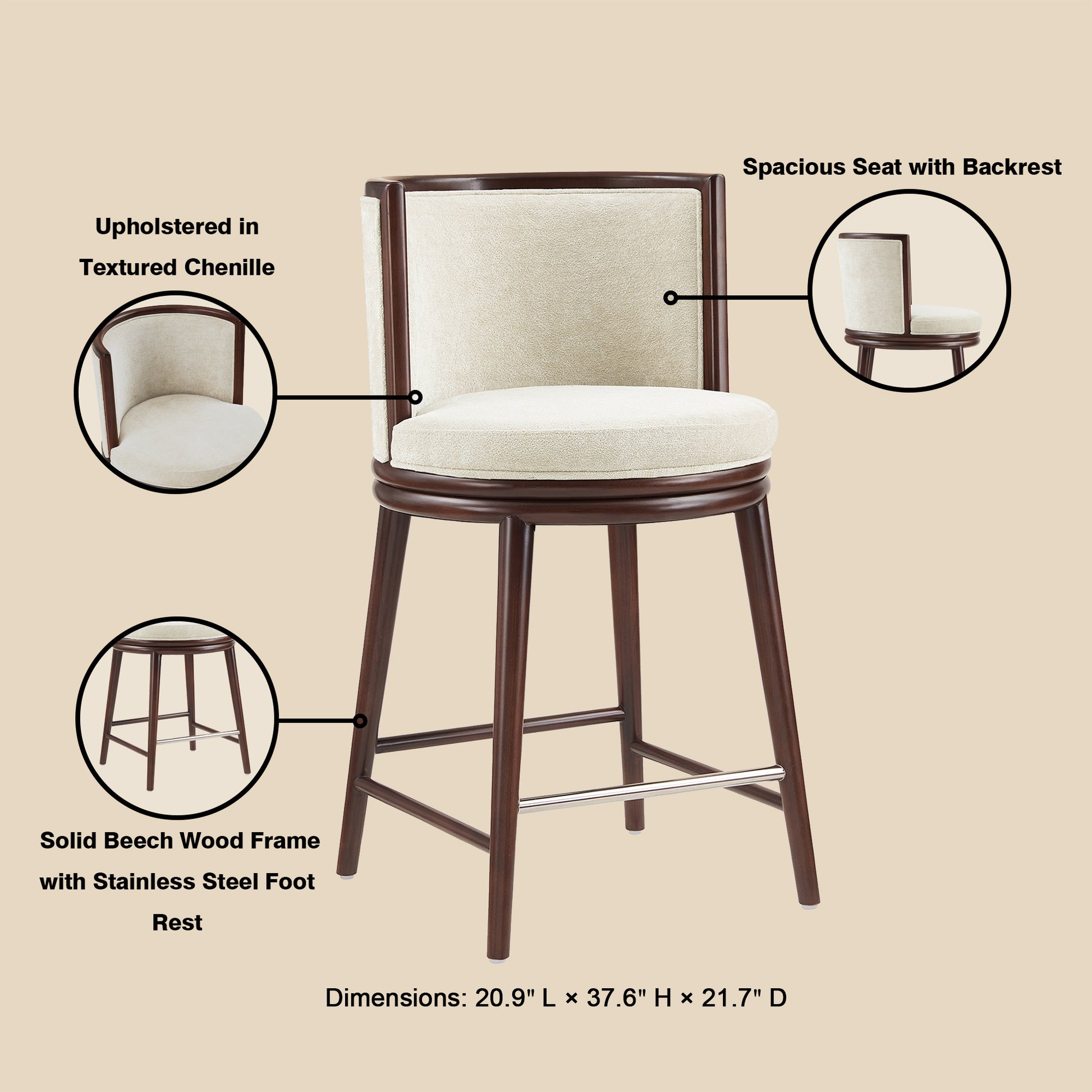 Cream Wood Counter Stool with Backrest - Kitchen Accent Chair for Living Room
