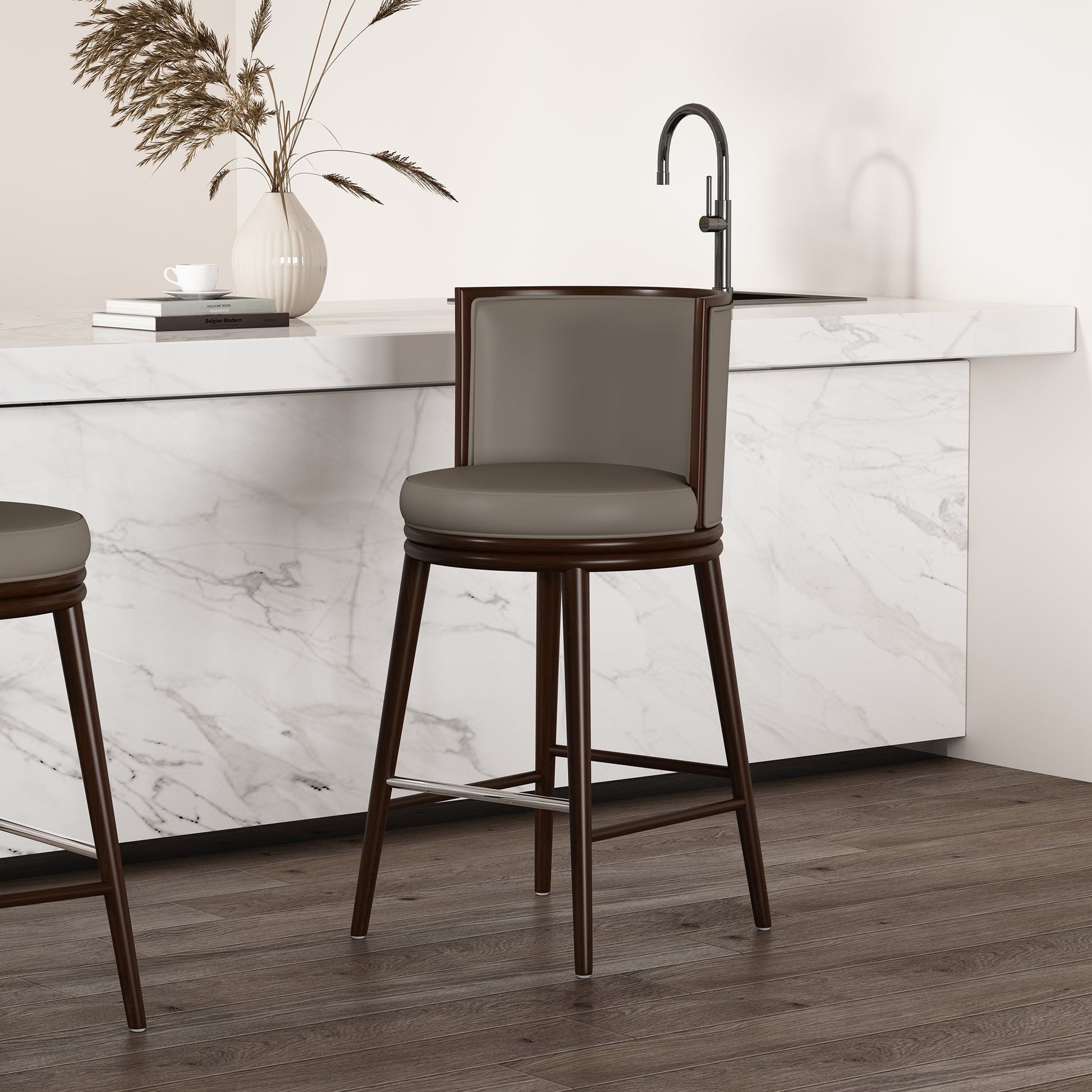 Taupe Wood Barstool with Backrest - Kitchen Seating