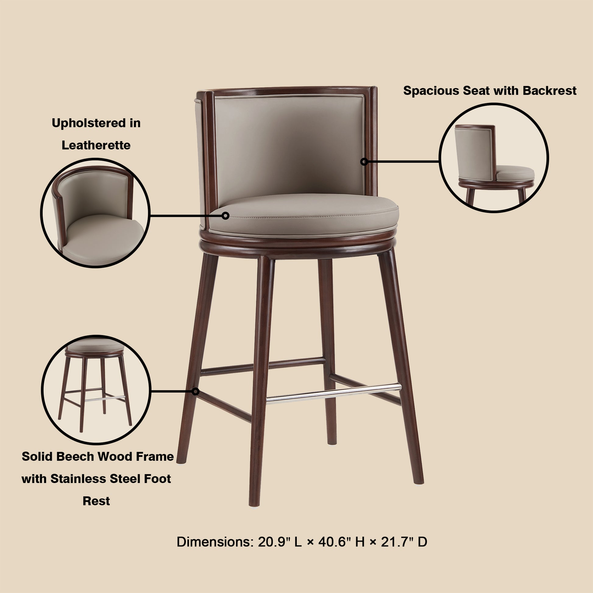 Taupe Wood Barstool with Backrest - Kitchen Seating