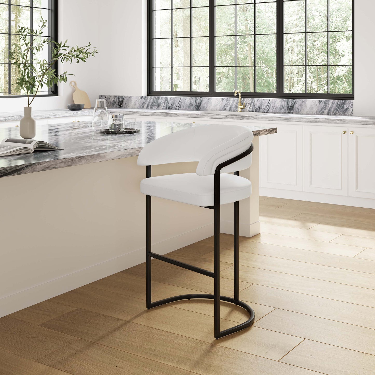 White Leatherette Barstool with Metal Frame - 29.7" Seat Height for Living Room