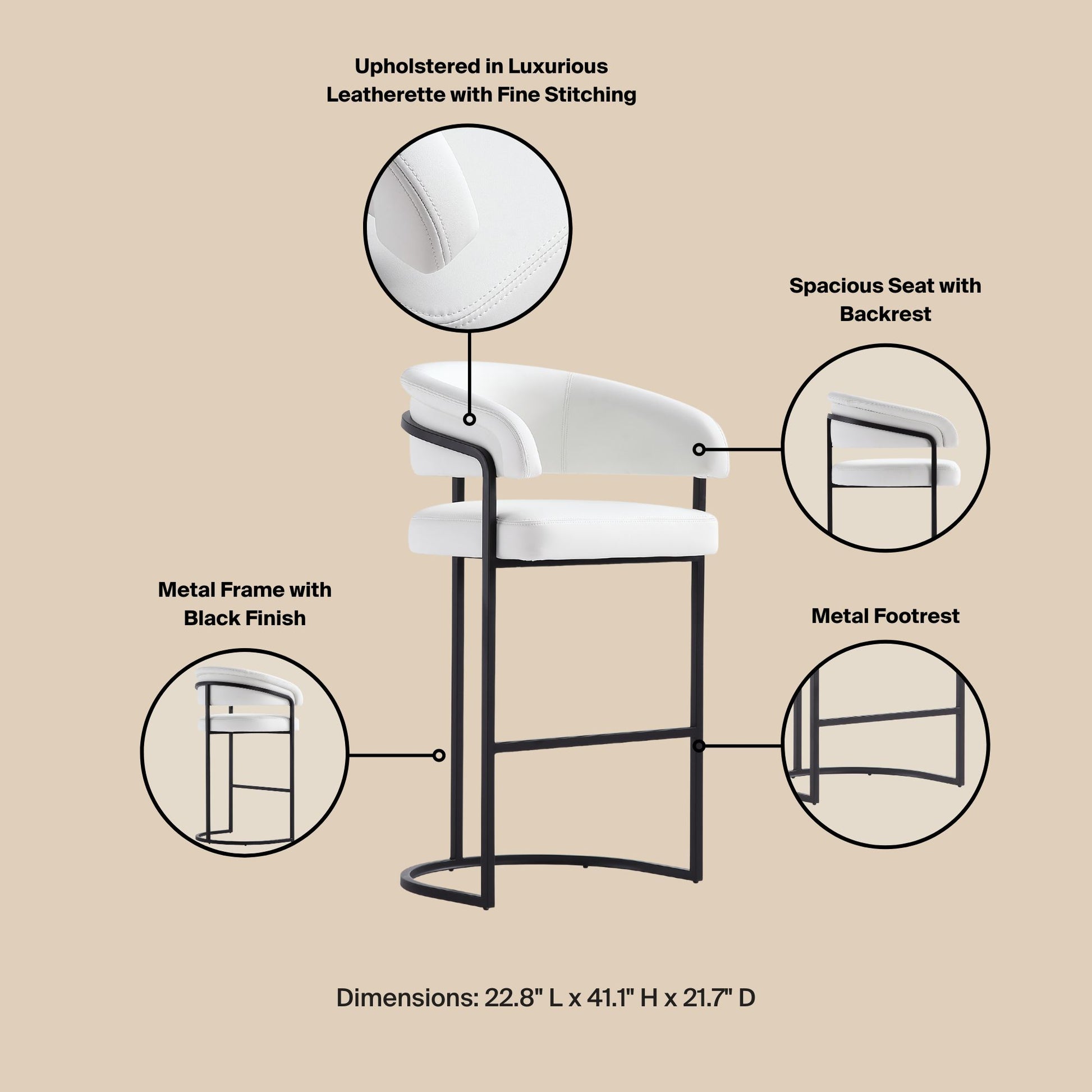 White Leatherette Barstool with Metal Frame - 29.7" Seat Height for Living Room