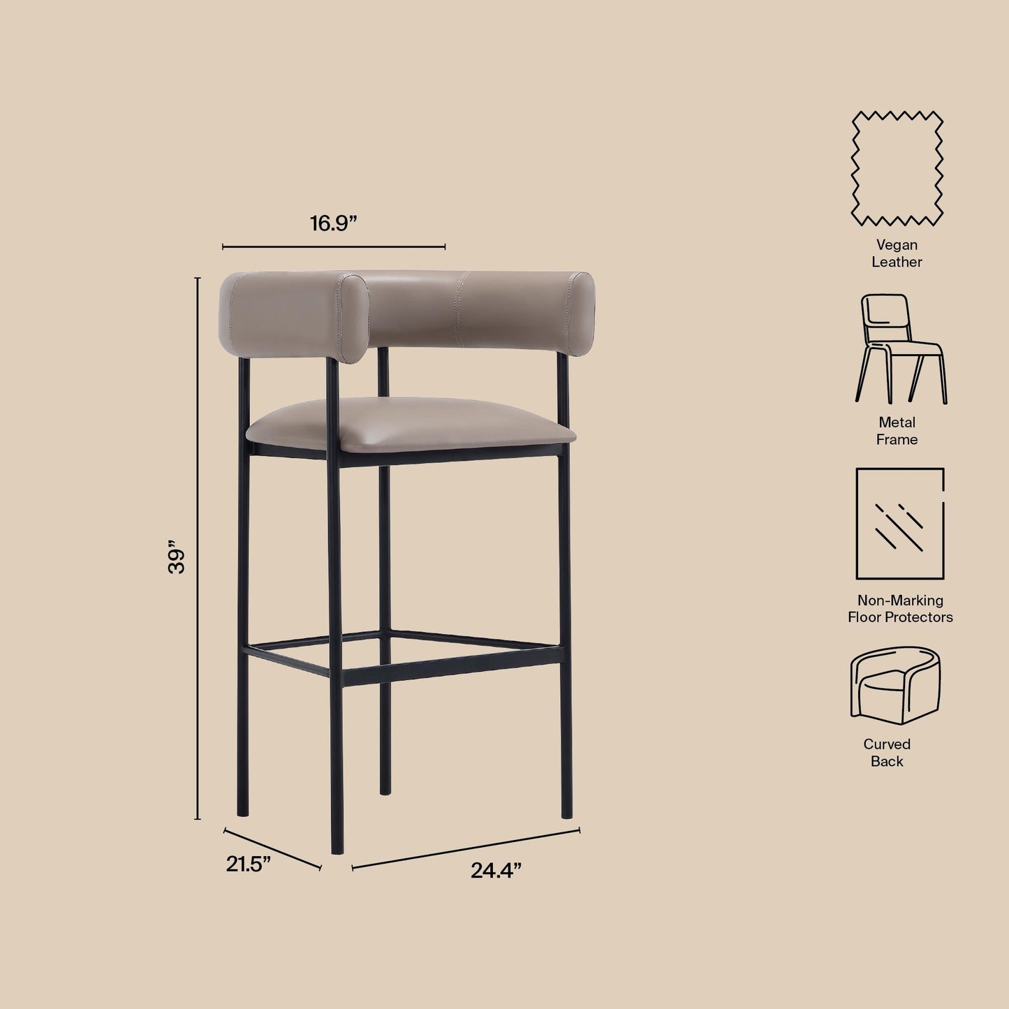 Taupe Metal Barstool - Comfortable Onda Design for Living Room