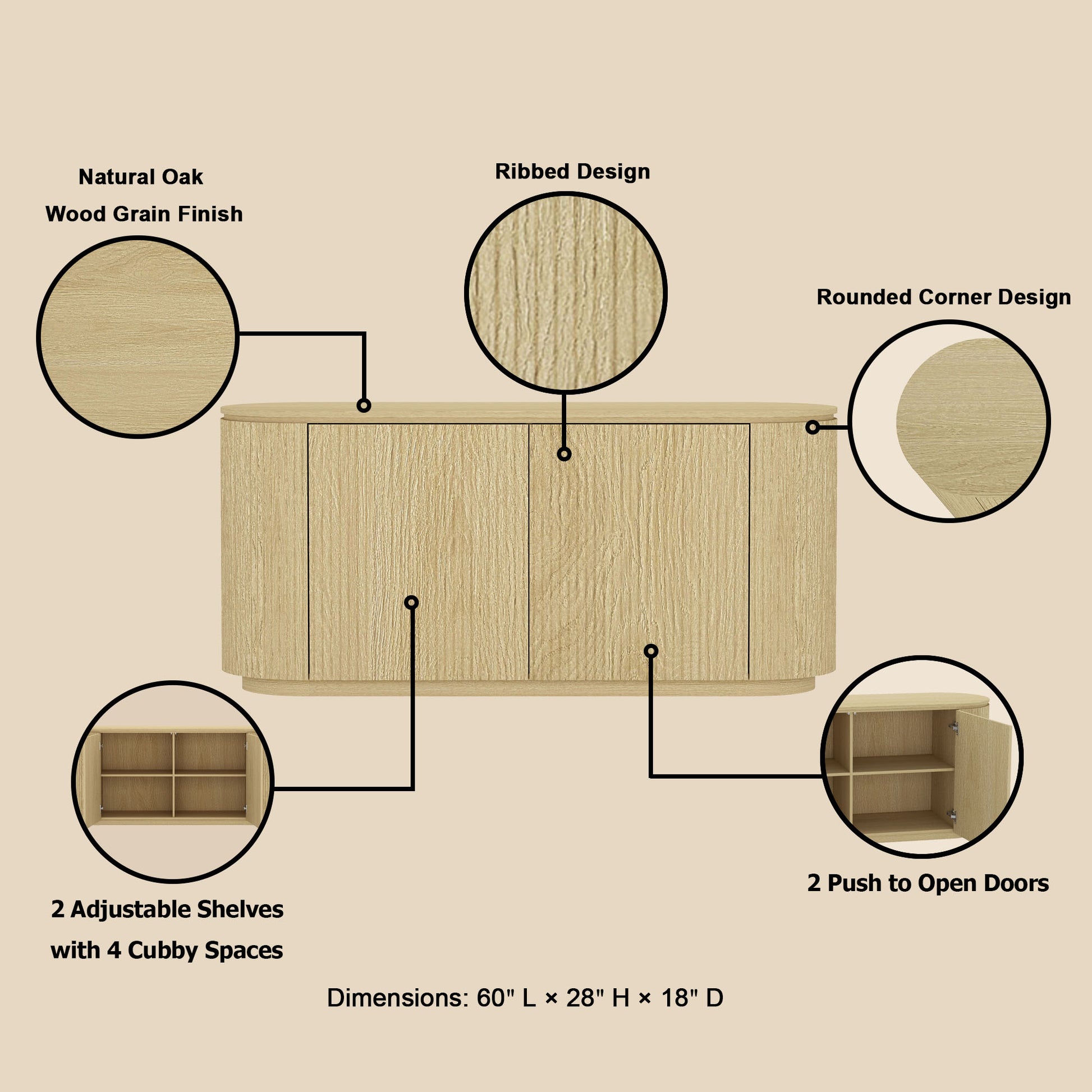 Oak Sideboard Buffet with Doors - 60" Dining Storage