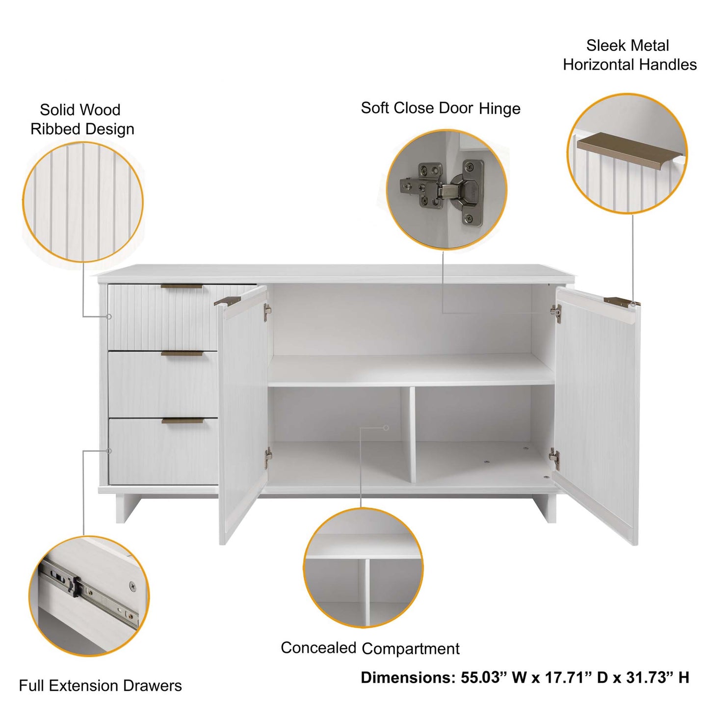 White Solid Wood Sideboard - 55" Dining Server