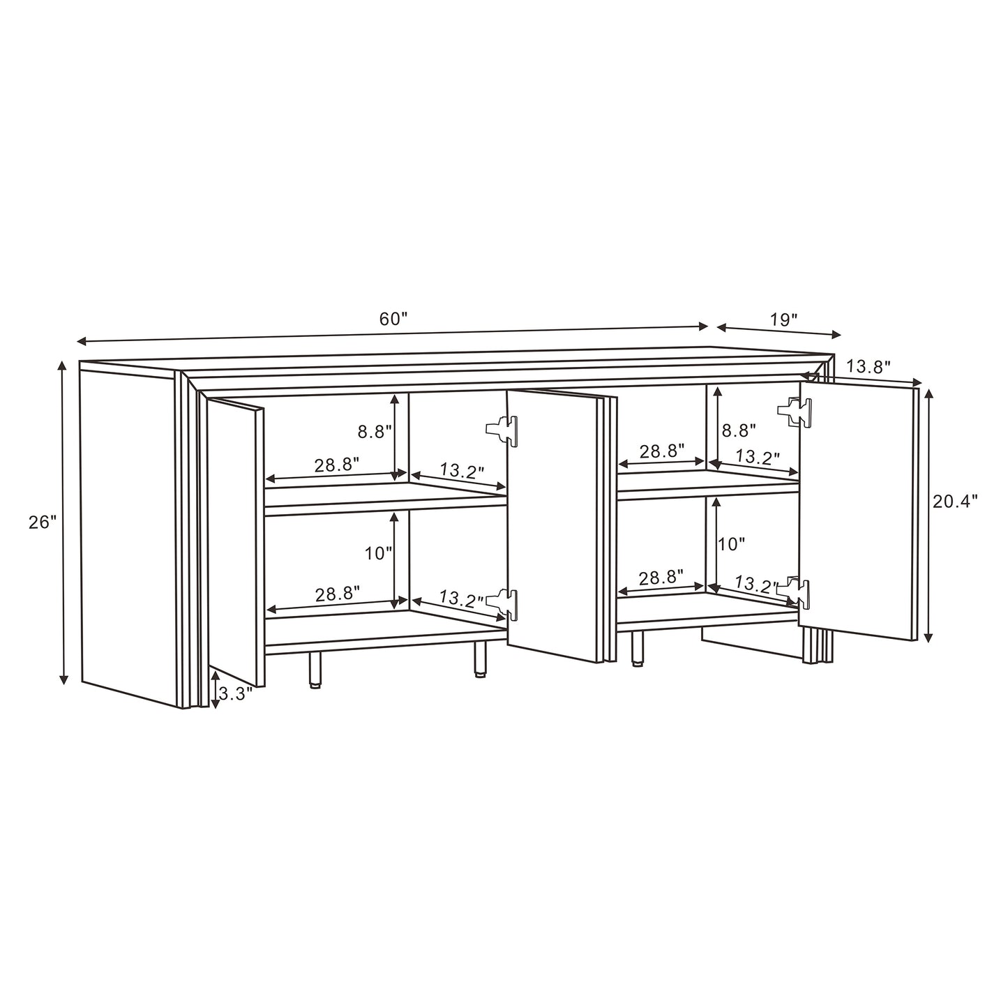 60" Brown MDF Sideboard with 4 Doors - Storage Cabinet
