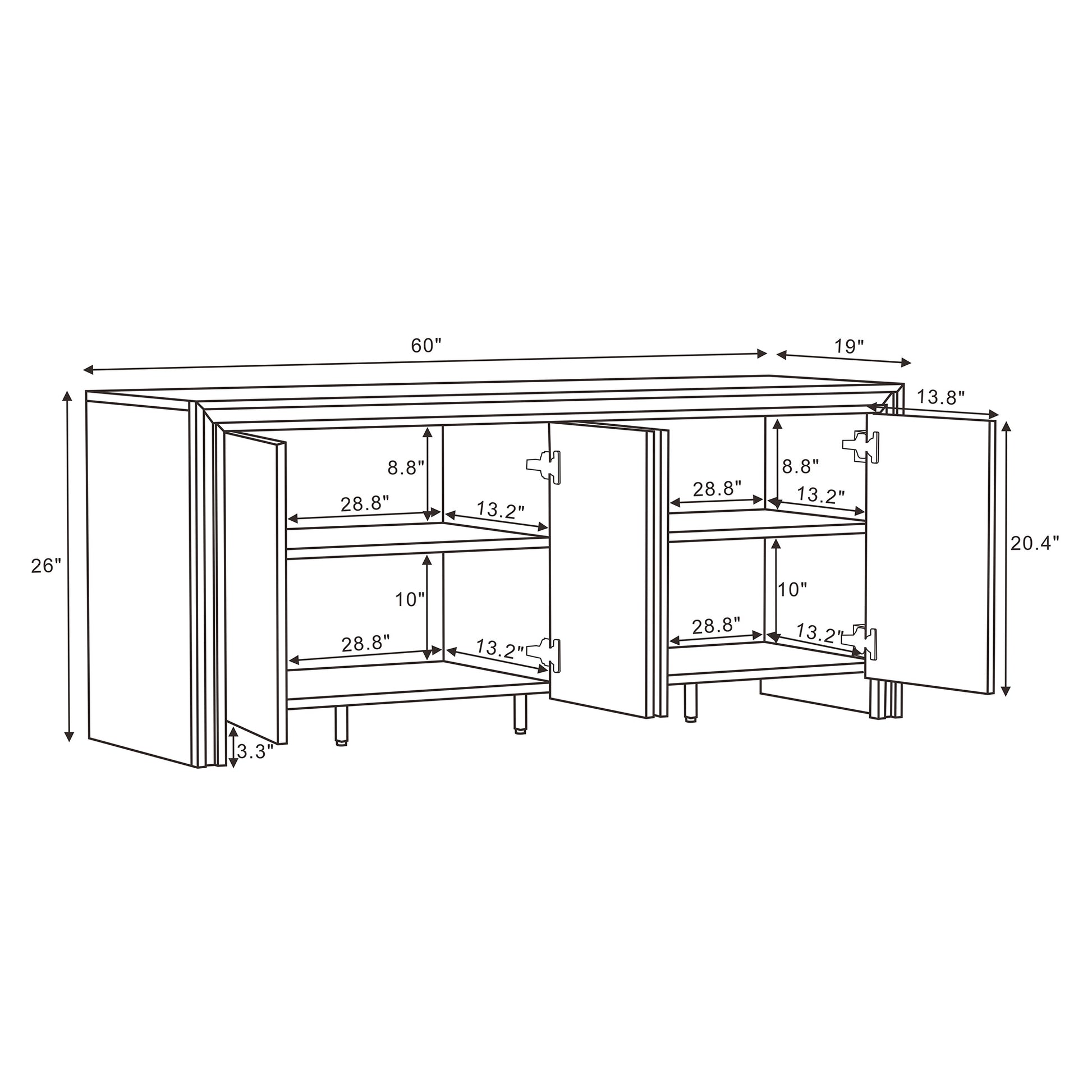 60" Brown MDF Sideboard with 4 Doors - Storage Cabinet