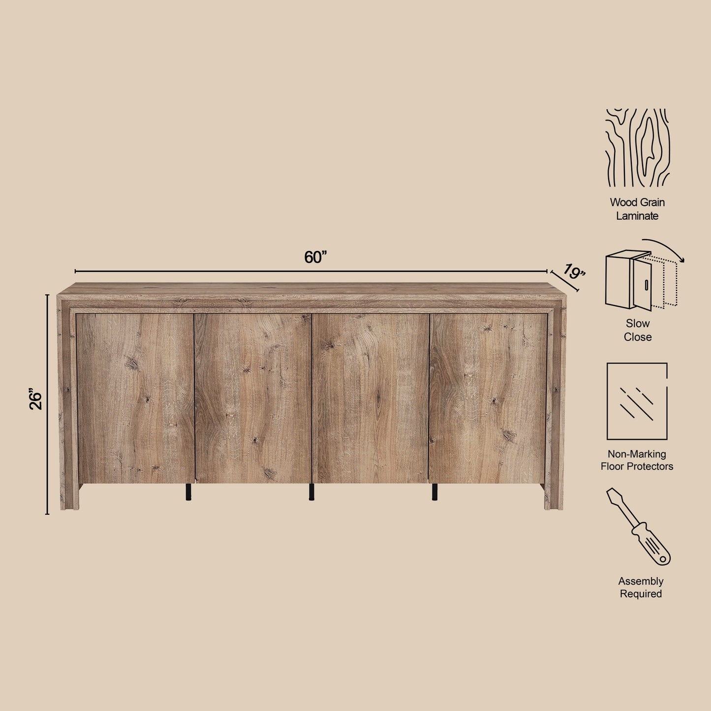 60" Brown MDF Sideboard with 4 Doors - Storage Cabinet