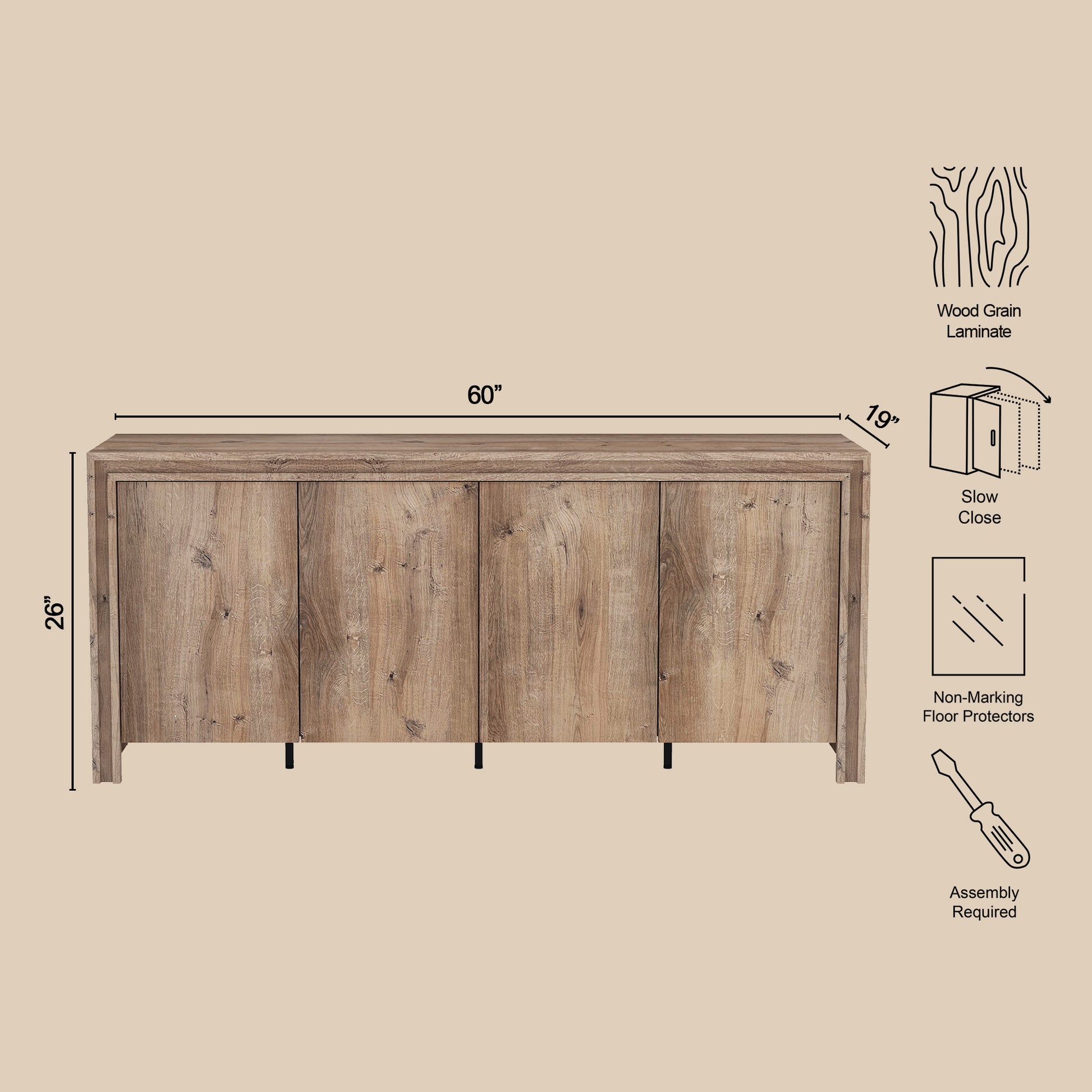 60" Brown MDF Sideboard with 4 Doors - Storage Cabinet