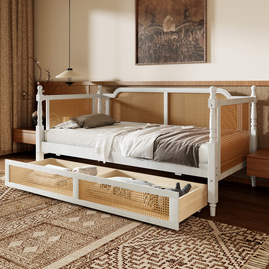 Traditional Style Rattan Twin Size Daybed with 2 Drawers for Limited Space, Guest Room, No Box Spring Needed,Antique White