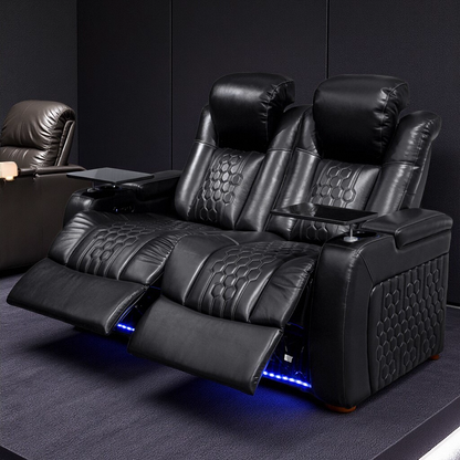 62.2"Power Recliner 2 PC Made WithTop-Grain Nappa,Fully Adjustable Relaxation,Smart Charging,Dynamic RGB LED Lighting,BLACK
