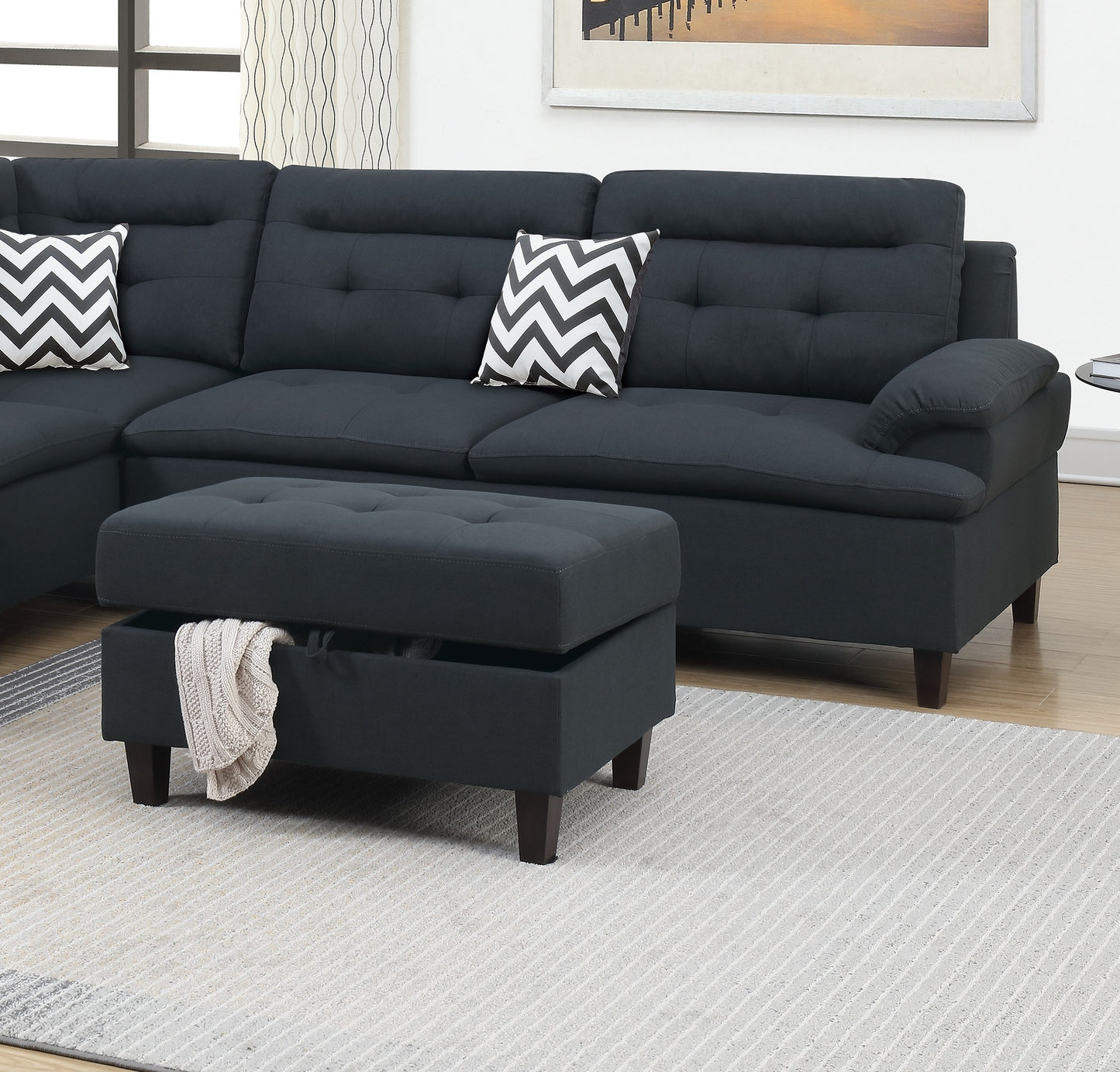 105" L-Shaped Black Wood Sectional Sofa