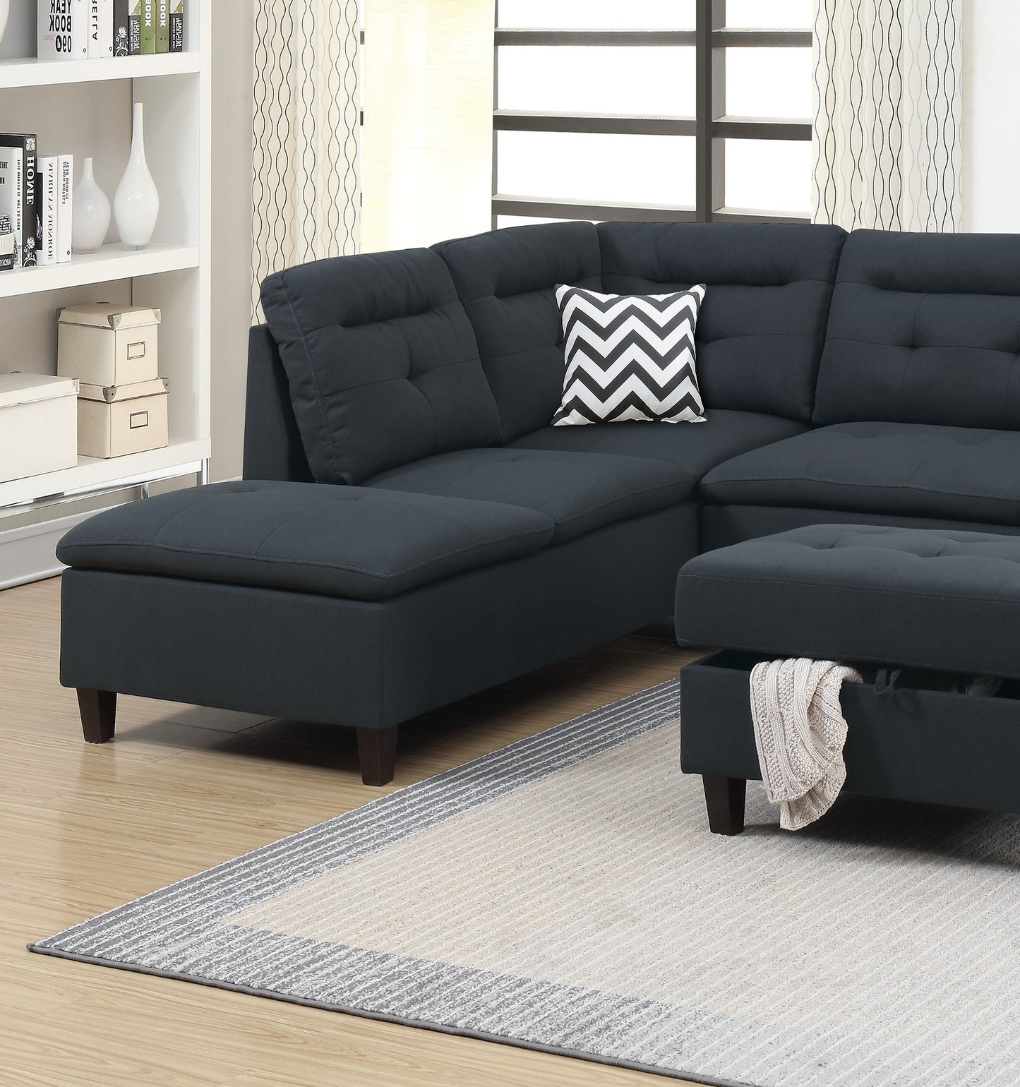105" L-Shaped Black Wood Sectional Sofa