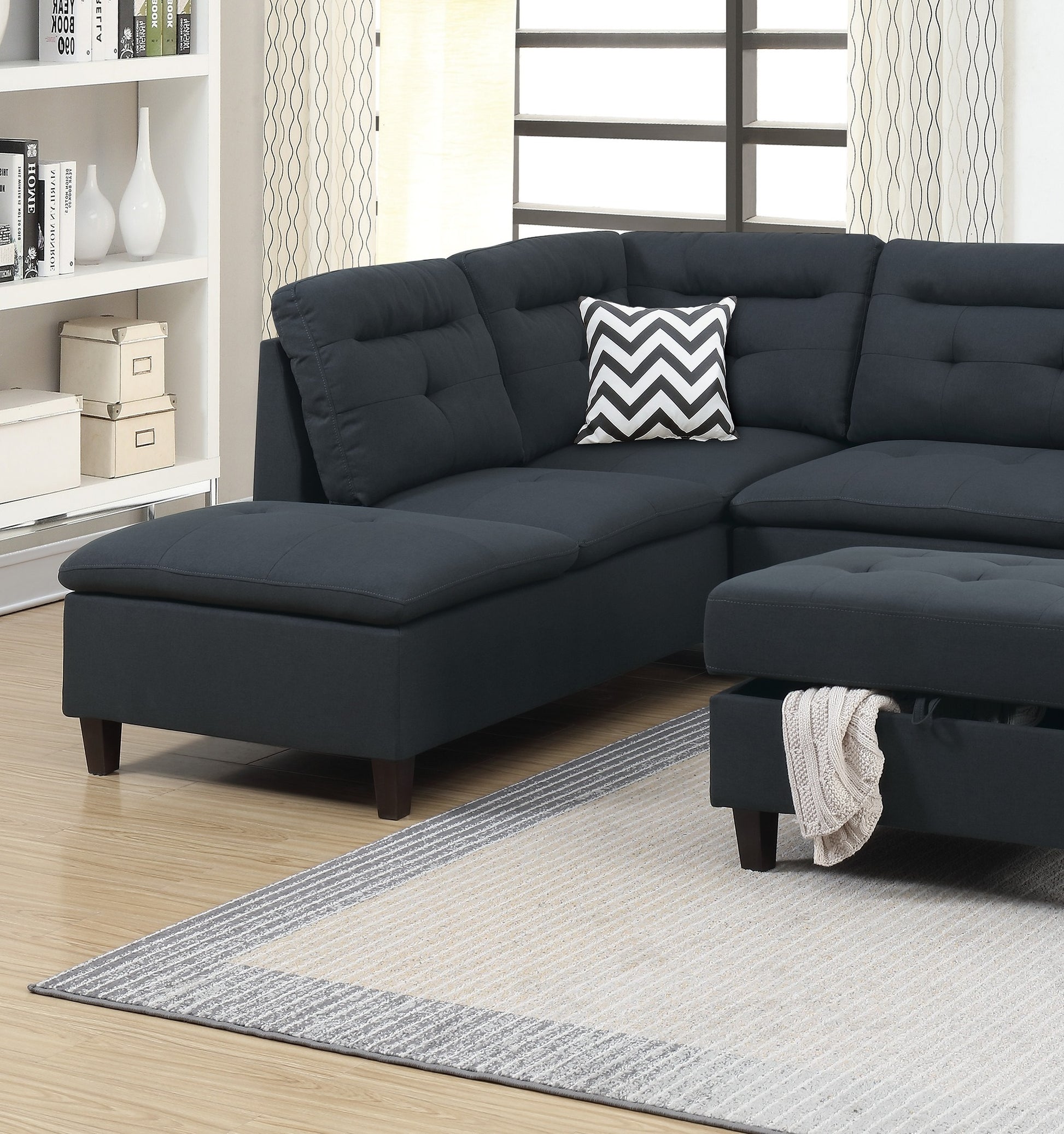 105" L-Shaped Black Wood Sectional Sofa