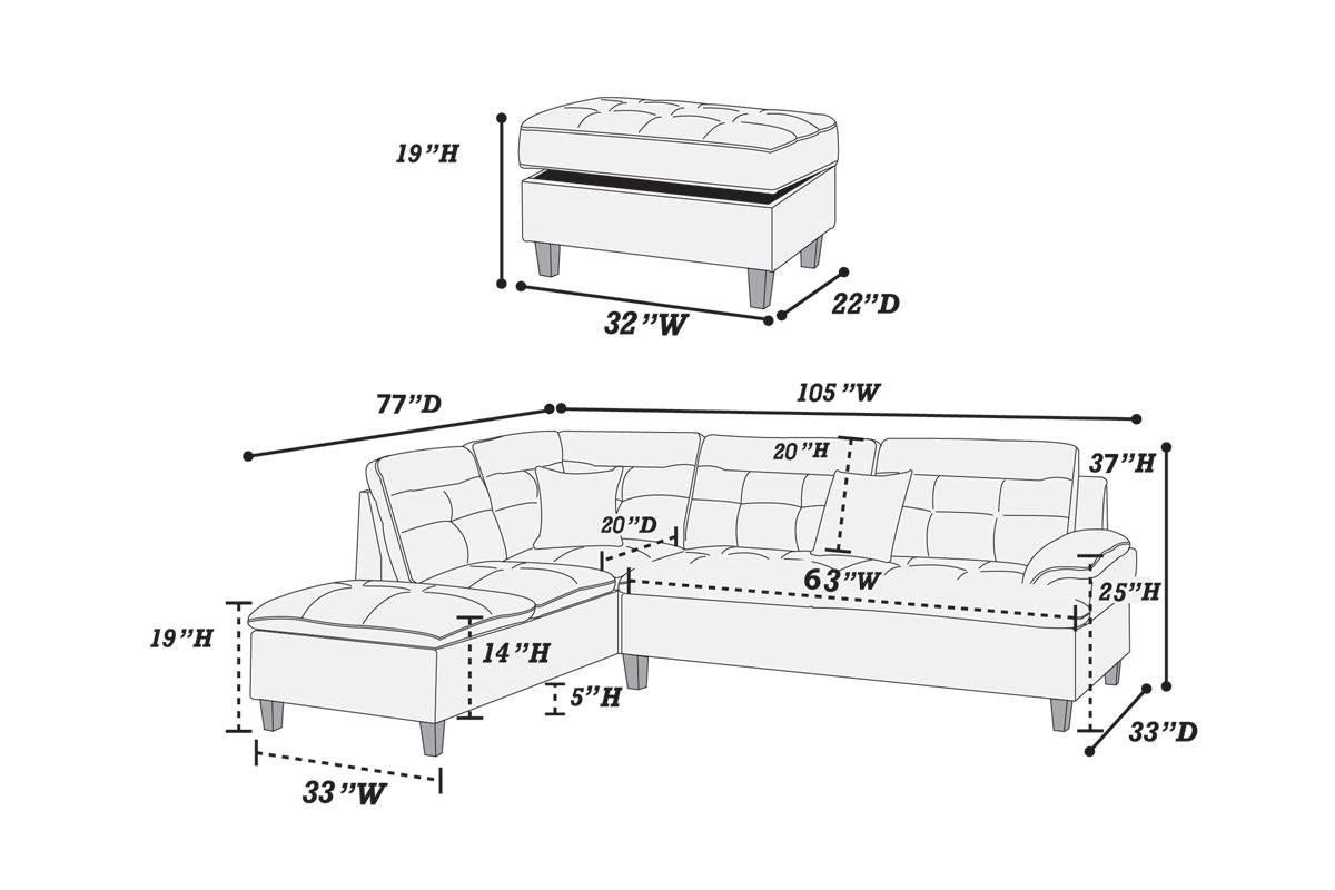 105" L-Shaped Black Wood Sectional Sofa
