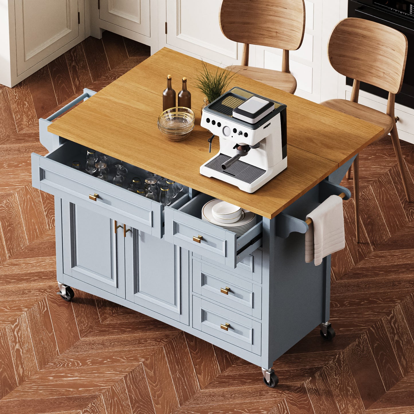 K&K 52'' Kitchen Island with Drop Leaf, Embossed Texture Kitchen Island on Wheels with Spice Rack, Towel Rack, 2 Doors and 5 Drawers, Kitchen Storage Cart with Adjustable Shelf for Kitchen, Blue Grey