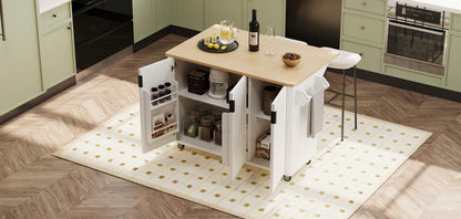 K&K 51" Fluted Kitchen Island - Farmhouse Rolling Cart, White Ash