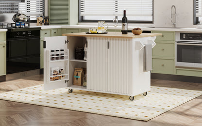 K&K 51" Fluted Kitchen Island - Farmhouse Rolling Cart, White Ash