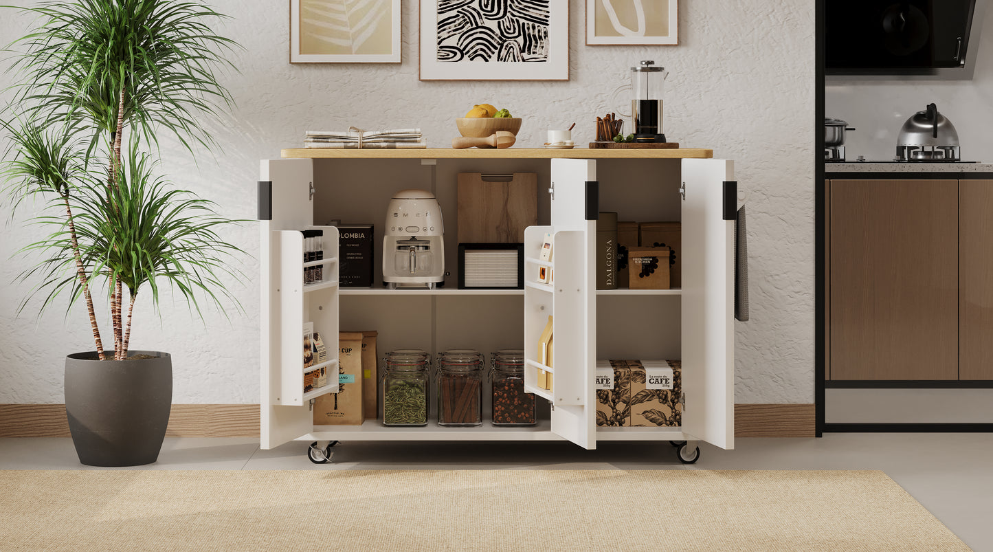 K&K 51" Fluted Kitchen Island - Farmhouse Rolling Cart, White Ash