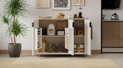 K&K 51" Fluted Kitchen Island - Farmhouse Rolling Cart, White Ash