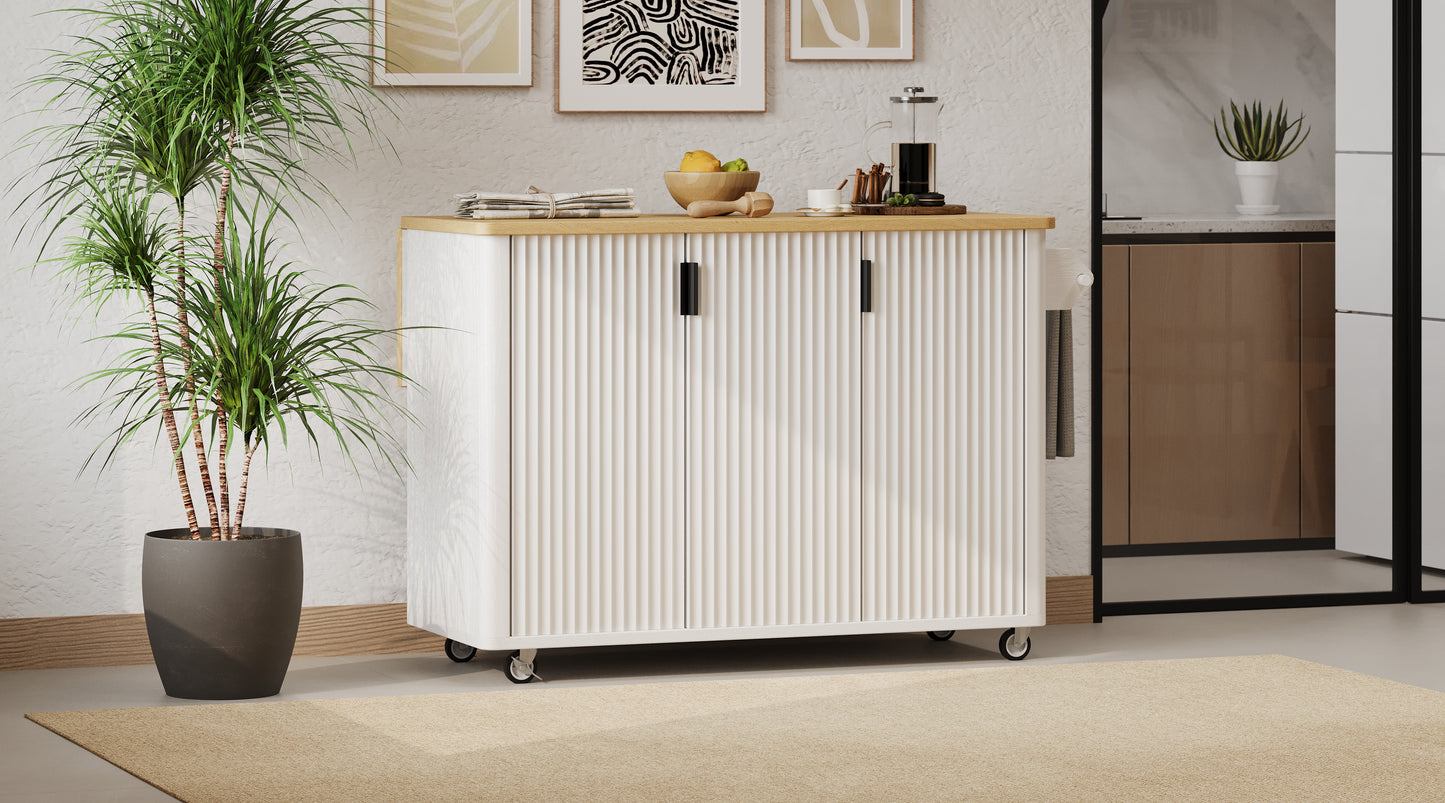 K&K 51" Fluted Kitchen Island - Farmhouse Rolling Cart, White Ash