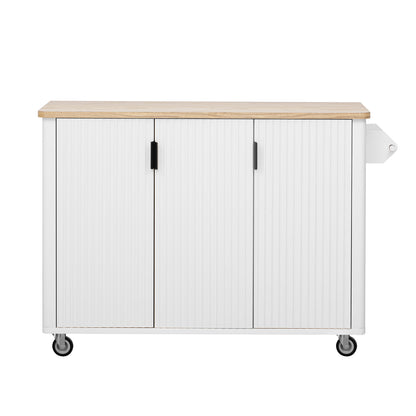 K&K 51" Fluted Kitchen Island - Farmhouse Rolling Cart, White Ash