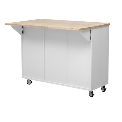 K&K 51" Fluted Kitchen Island - Farmhouse Rolling Cart, White Ash