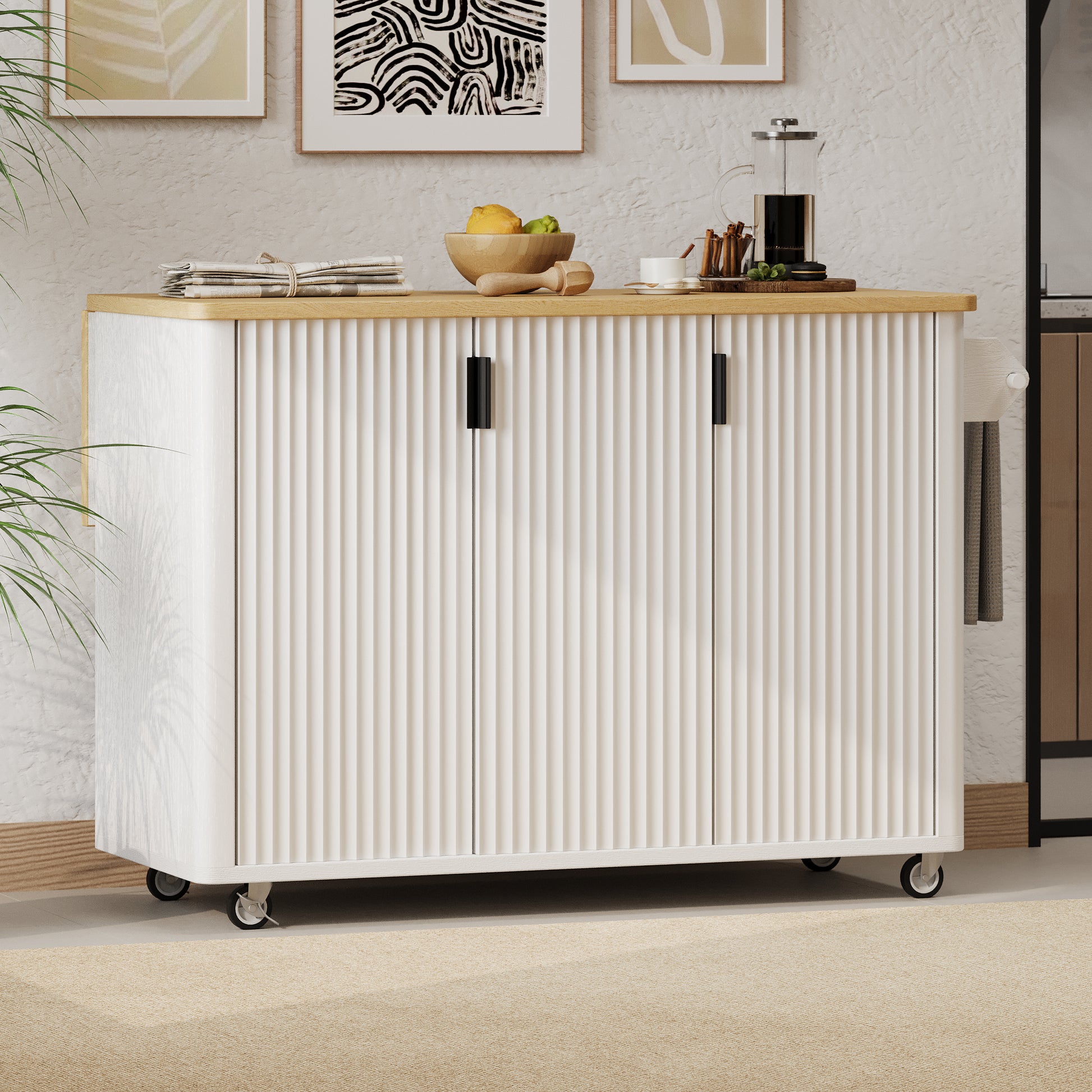 K&K 51" Fluted Kitchen Island with Drop Leaf, Farmhouse Accent Kitchen Island on Wheels with Internal Storage Rack, Rolling Kitchen Cart with Towel Rack for Kitchen, Dining Room, White Ash