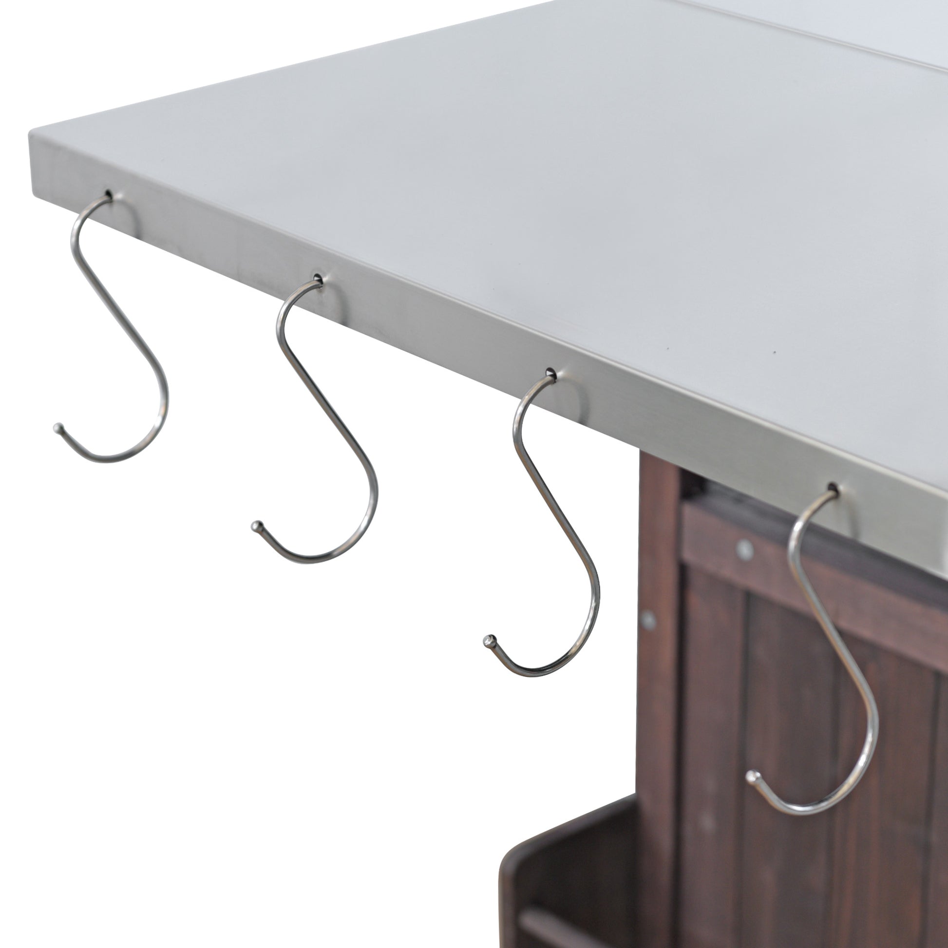 Brown Fir Wood Outdoor Grill Cart with Stainless Steel Top and Storage