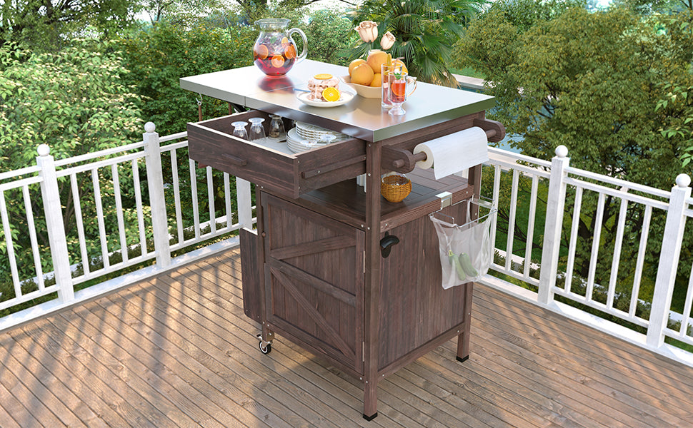 Brown Fir Wood Outdoor Grill Cart with Stainless Steel Top and Storage