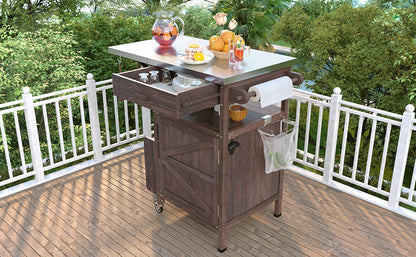 Brown Fir Wood Outdoor Grill Cart with Stainless Steel Top and Storage