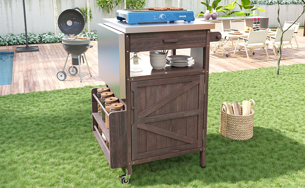 Brown Fir Wood Outdoor Grill Cart with Stainless Steel Top and Storage