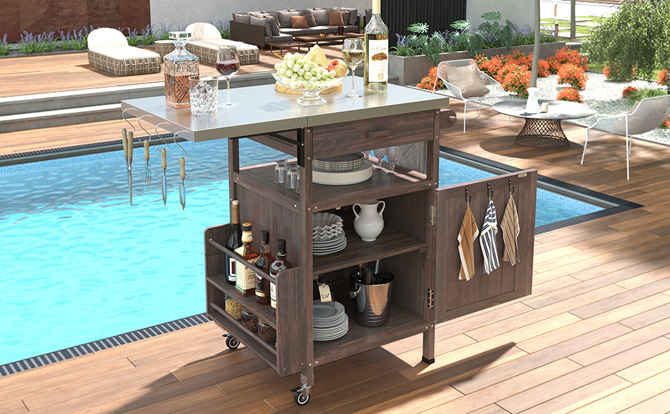 Brown Fir Wood Outdoor Grill Cart with Stainless Steel Top and Storage