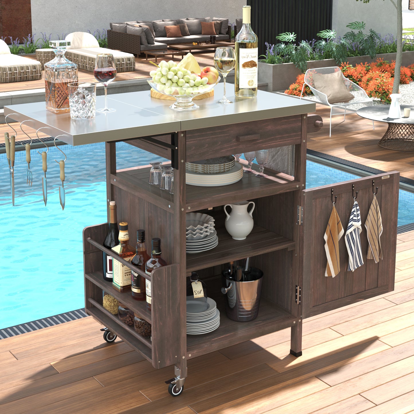 K&K 40.5" Outdoor Grill Cart with Stainless Steel Top, Solid Wood Outdoor Storage Cabinet with Drop Leaf, One Drawer, Towel Rack, Rolling Kitchen Cart with Lockable Wheels for Lawn Garden, Brown