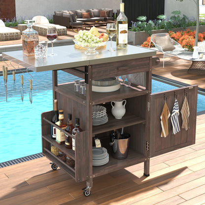 K&K 40.5" Outdoor Grill Cart with Stainless Steel Top, Solid Wood Outdoor Storage Cabinet with Drop Leaf, One Drawer, Towel Rack, Rolling Kitchen Cart with Lockable Wheels for Lawn Garden, Brown